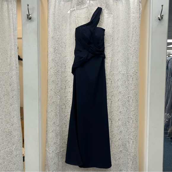 Bari Jay 1709 Maxi Dress Sz 8 Sweetheart Draped Bodice One Shoulder Navy Sample - Picture 1 of 10